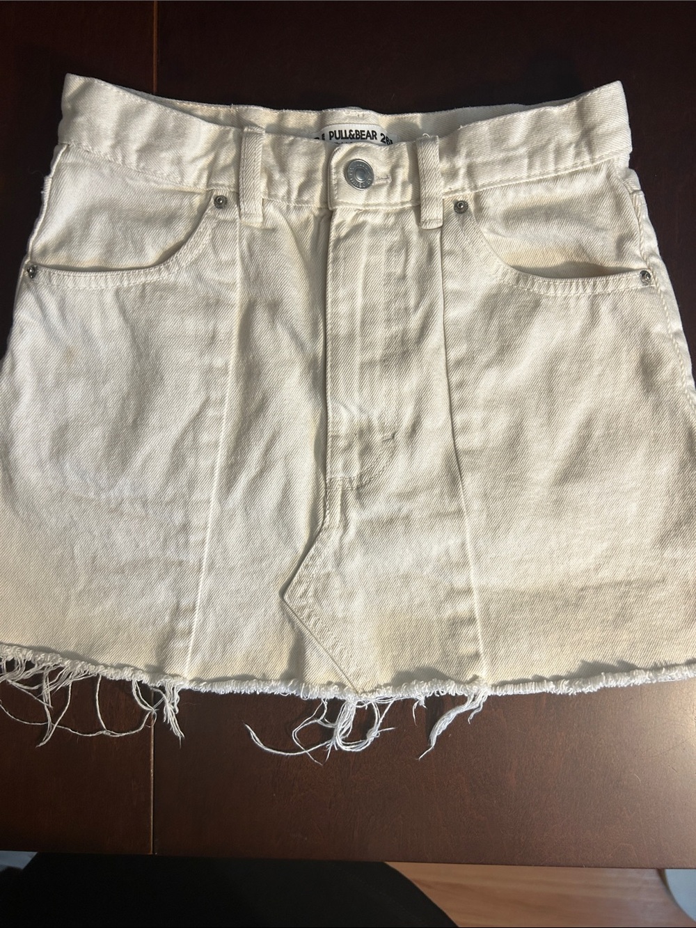 Pull&Bear Cream Frayed Hem Denim Mini Skirt